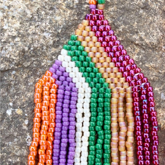 Handcrafted boho fringe beaded long earrings multicolored shoulder dusters - Picture 3 of 6